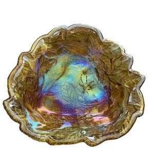 Vintage Carnival Glass Indiana Amber Iridescent Flower Leaf Bowl Candy Dish